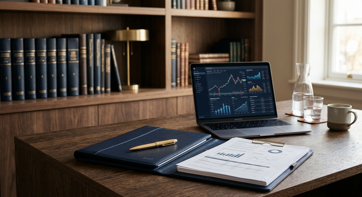 Financial planning desk with portfolio, charts, and documents — Rich L. Follett, CLU, ChFC